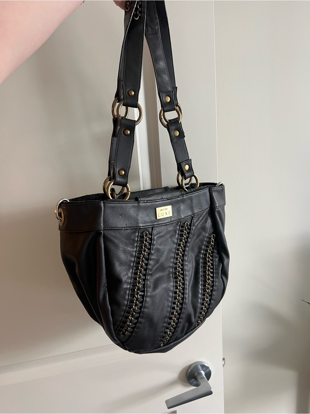 Miche Luxe Black Leather Chain-Accent Shoulder Bag